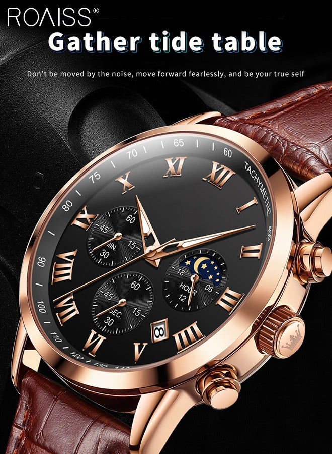 Leather Strap Chronograph Quartz Watch for Men Round Black Dial with Moon Phase and Calendar Display Waterproof Luminous Wristwatch as Gift for Men