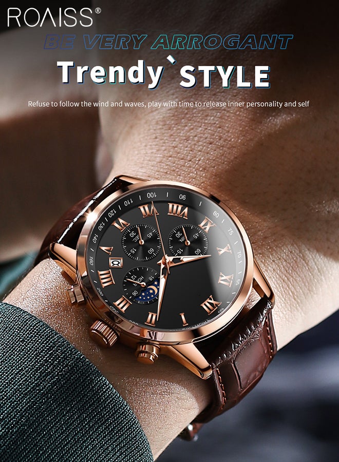 Leather Strap Chronograph Quartz Watch for Men Round Black Dial with Moon Phase and Calendar Display Waterproof Luminous Wristwatch as Gift for Men
