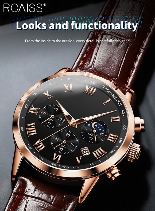 Leather Strap Chronograph Quartz Watch for Men Round Black Dial with Moon Phase and Calendar Display Waterproof Luminous Wristwatch as Gift for Men