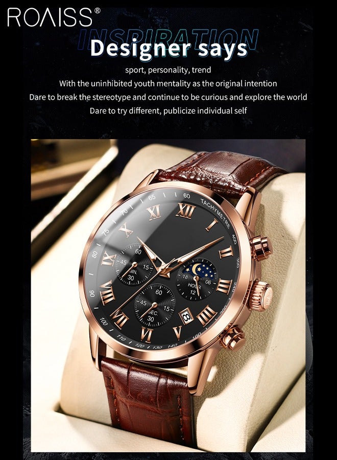 Leather Strap Chronograph Quartz Watch for Men Round Black Dial with Moon Phase and Calendar Display Waterproof Luminous Wristwatch as Gift for Men