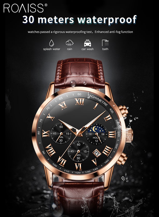 Leather Strap Chronograph Quartz Watch for Men Round Black Dial with Moon Phase and Calendar Display Waterproof Luminous Wristwatch as Gift for Men