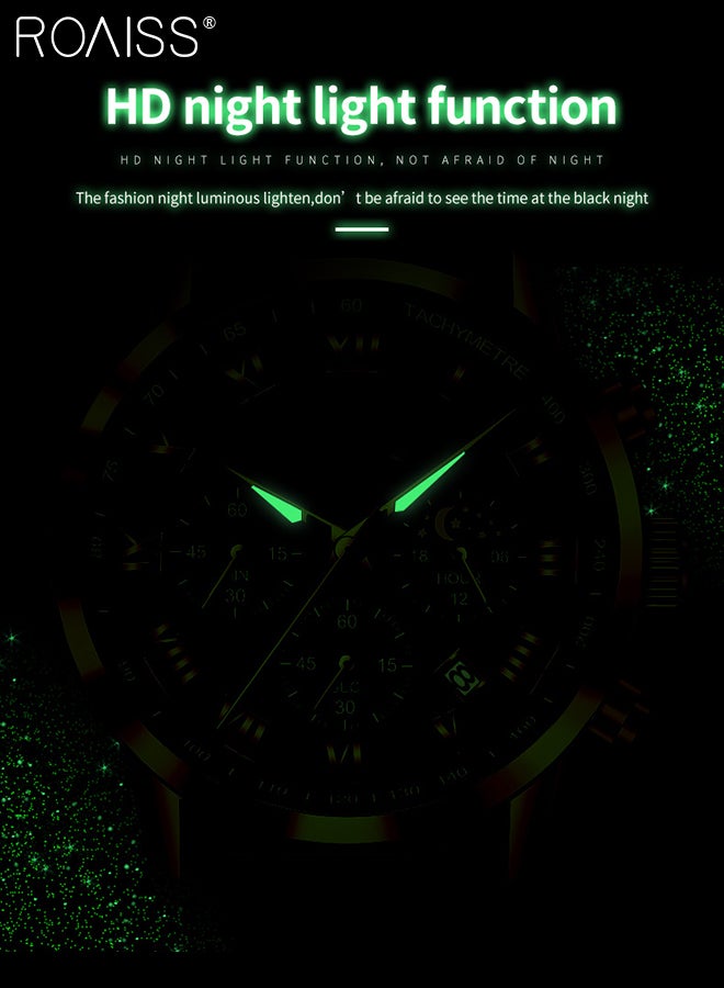 Leather Strap Chronograph Quartz Watch for Men Round Black Dial with Moon Phase and Calendar Display Waterproof Luminous Wristwatch as Gift for Men