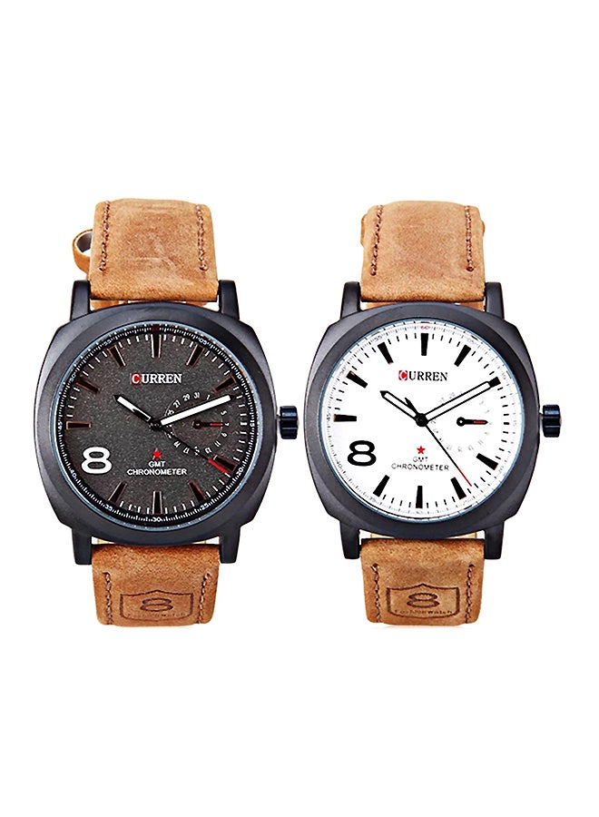 Men's 2-Piece Water Resistant Leather Analog Watch Set 8139