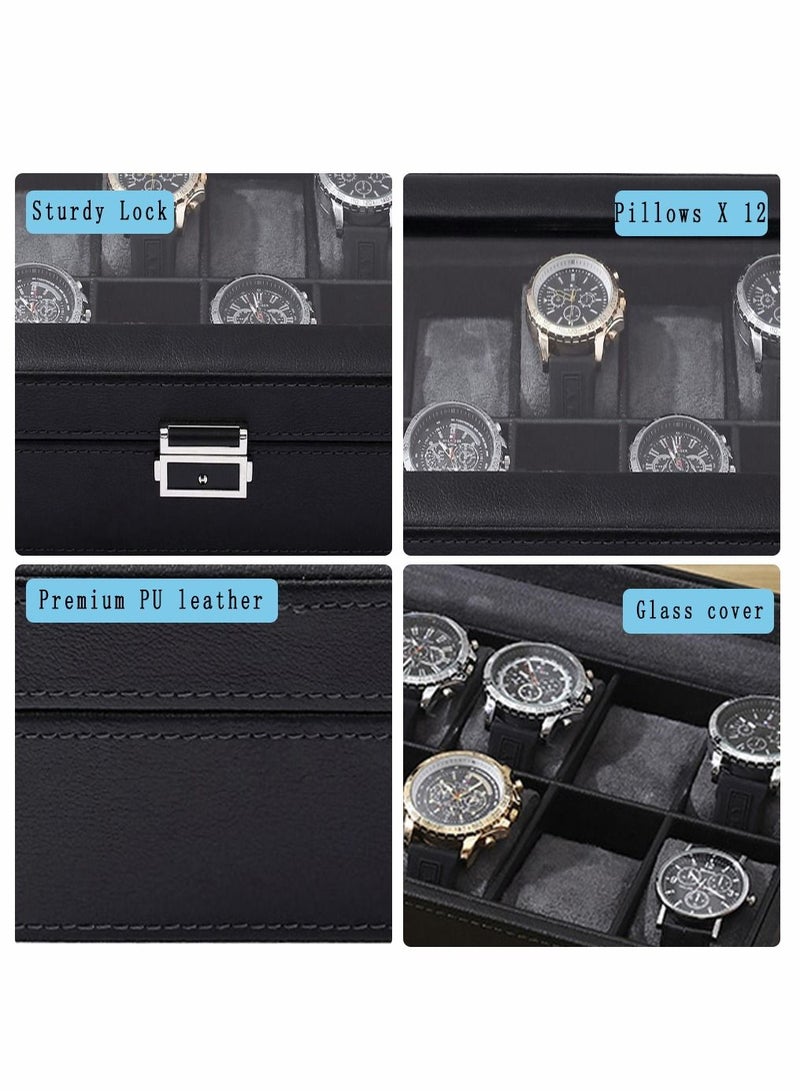 12 Slots Elegant Oversized Extra Large Watch Display Case and Storage Organizer Box for up to 65 MM Watch