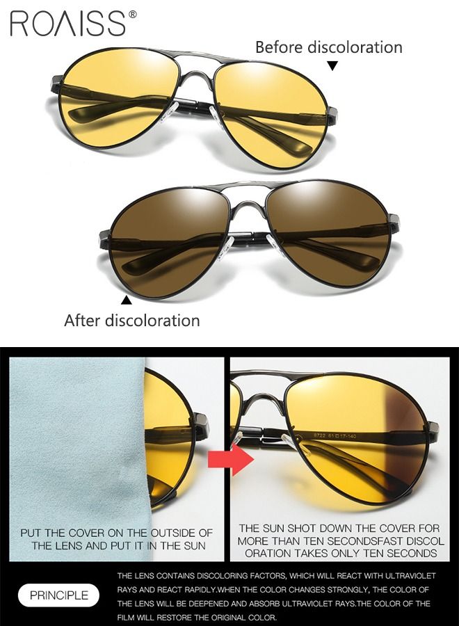 Men's Polarized Night Vision Aviator Glasses for Driving, UV400 Protection Sun Glasses with Metal Frame, Color Changing Glasses for Men Driving, Fishing, Golfing, Traveling