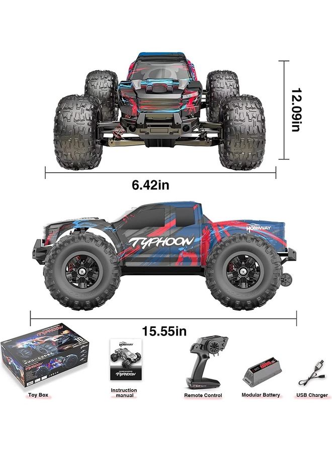 Hobbiway Typhoon 1:10 RC Cars, Hobby Grade 4WD 60+ KM/H Fast Speed Remote Control Truck, All Terrain Off Road Electric Buggy With 2000 mAh Modular Battery For Adults And Boys (Advanced Modding Support