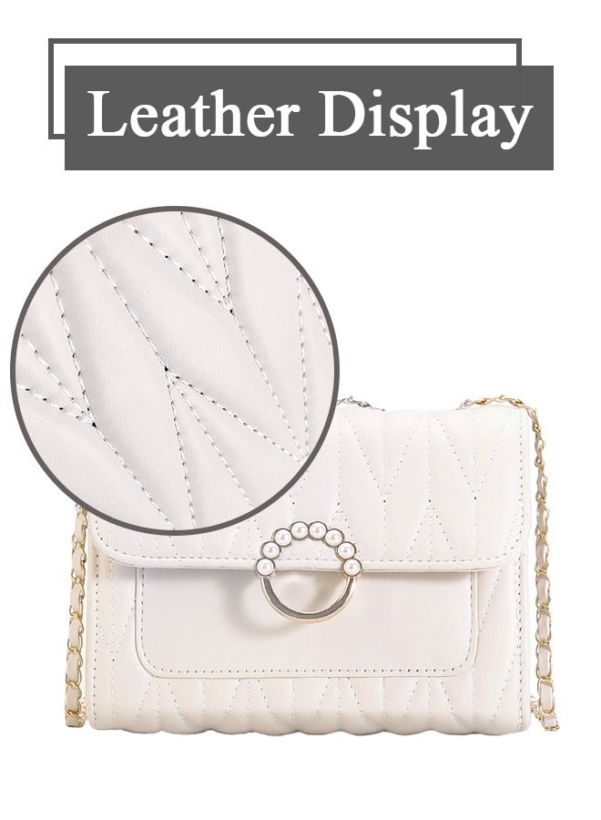 White Sweet Pearl Decor Shoulder Crossbody Square Bag Stylish Casual Flap Metal Magnetic Quilted PU Leather Clutch for Women