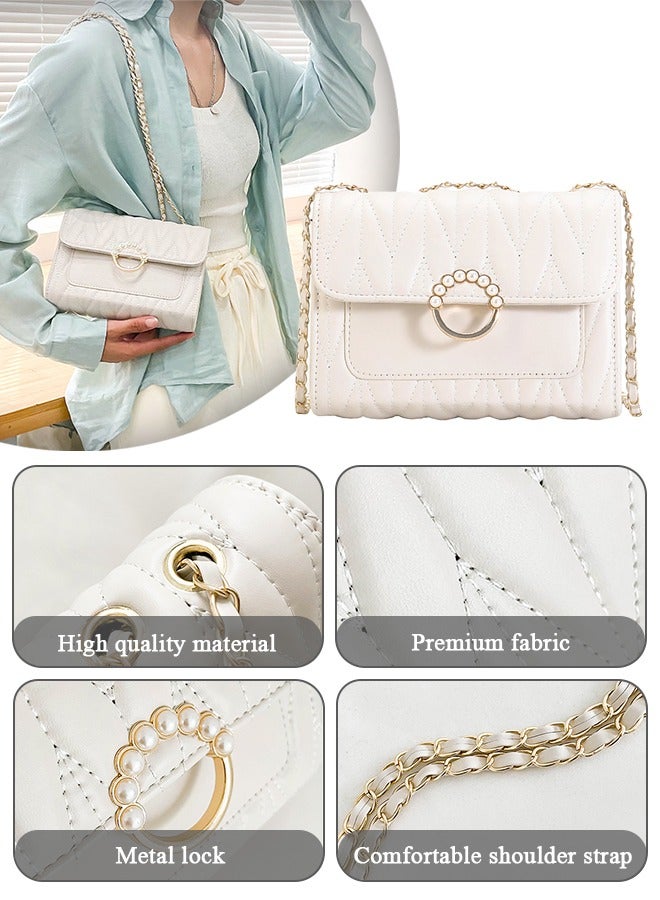 White Sweet Pearl Decor Shoulder Crossbody Square Bag Stylish Casual Flap Metal Magnetic Quilted PU Leather Clutch for Women