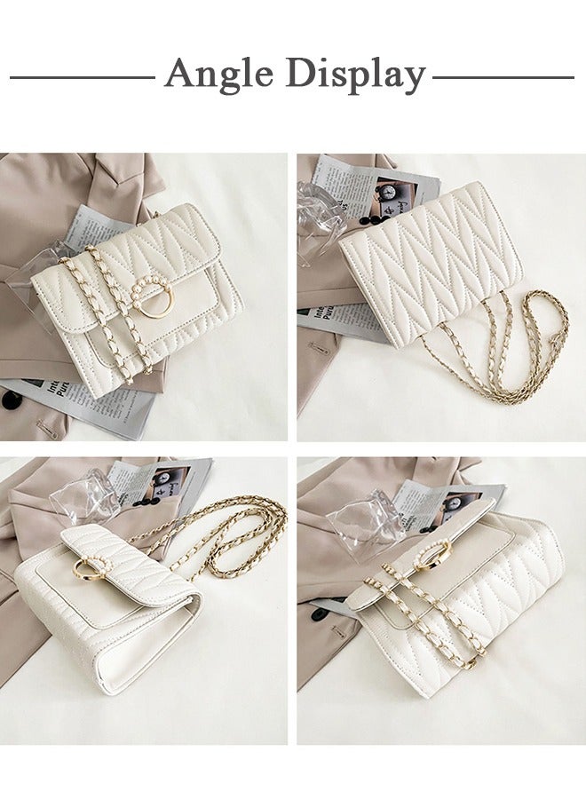 White Sweet Pearl Decor Shoulder Crossbody Square Bag Stylish Casual Flap Metal Magnetic Quilted PU Leather Clutch for Women