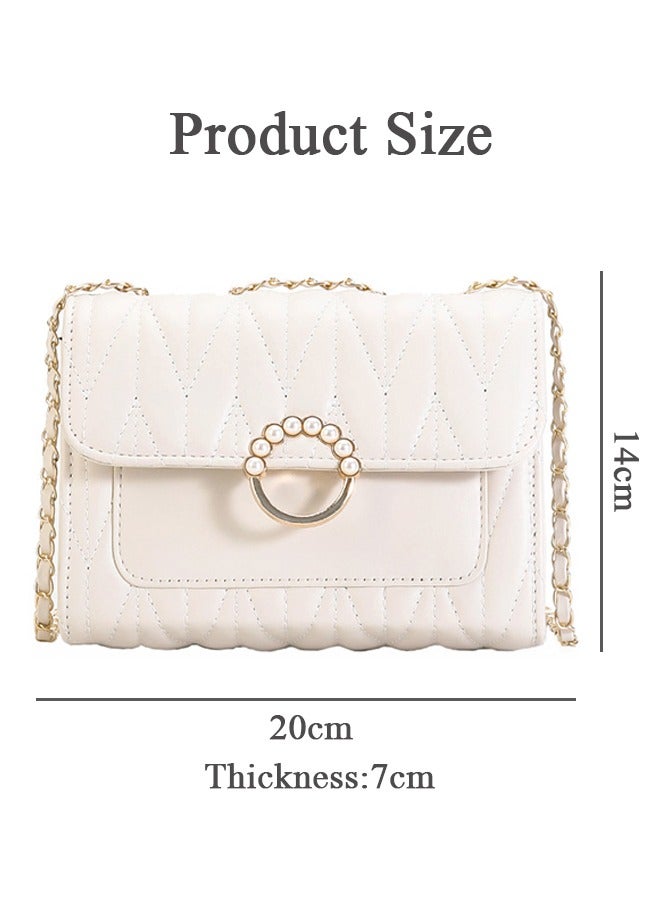 White Sweet Pearl Decor Shoulder Crossbody Square Bag Stylish Casual Flap Metal Magnetic Quilted PU Leather Clutch for Women