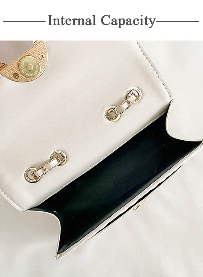 White Sweet Pearl Decor Shoulder Crossbody Square Bag Stylish Casual Flap Metal Magnetic Quilted PU Leather Clutch for Women