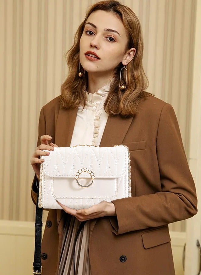 White Sweet Pearl Decor Shoulder Crossbody Square Bag Stylish Casual Flap Metal Magnetic Quilted PU Leather Clutch for Women