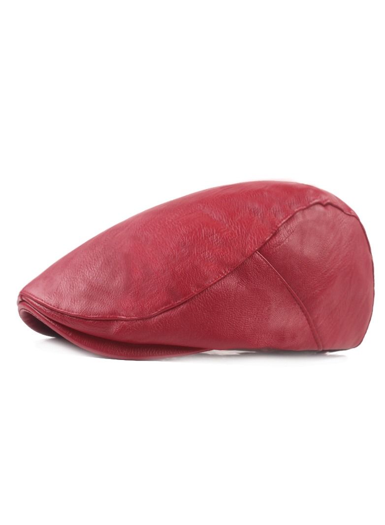 Men's Leather Cap Literary Youth Beret Red
