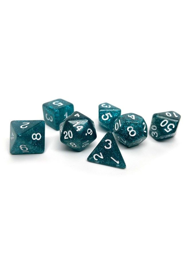 Glitter And Sparkle Polyhedral Dice Set 7 Piece Dice Set With One D20 D12 D10 D8 D6 D4 And D00 (Teal Sparkle With White Font)