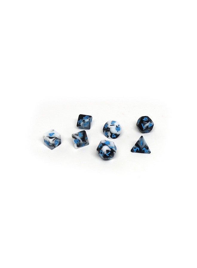 10Mm Mini Polyhedral Dice Collection Includes One D20 D12 D10 D8 D6 D4 And D00 (Marbled With Blue Numbering)