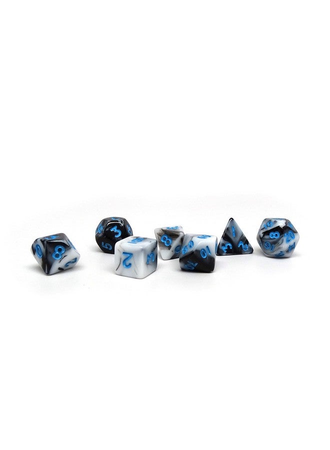 10Mm Mini Polyhedral Dice Collection Includes One D20 D12 D10 D8 D6 D4 And D00 (Marbled With Blue Numbering)