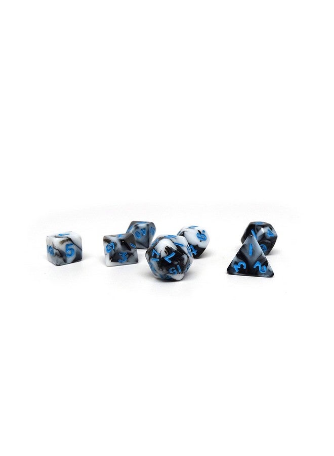 10Mm Mini Polyhedral Dice Collection Includes One D20 D12 D10 D8 D6 D4 And D00 (Marbled With Blue Numbering)