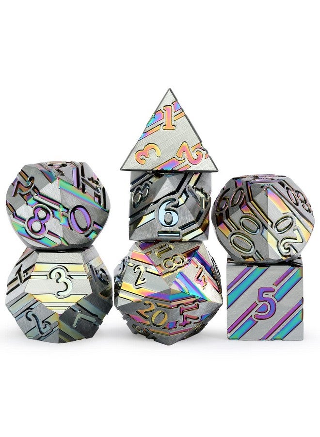 Rainbow Stripe Dnd Metal Dice Set 7 Pcs Zinc Alloy With Gift Case For Dungeons And Dragons D&D (Rainbow)