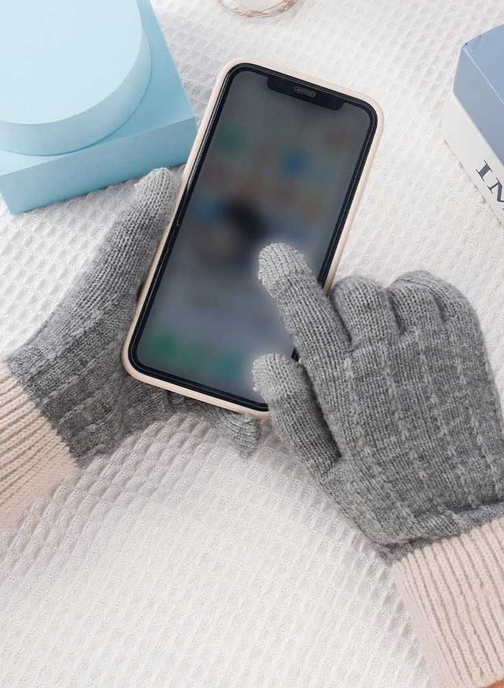 Winter Gloves for Women Touch Screen Knitted Thermal Grey Wool Soft Lining Elastic Cuff Mittens