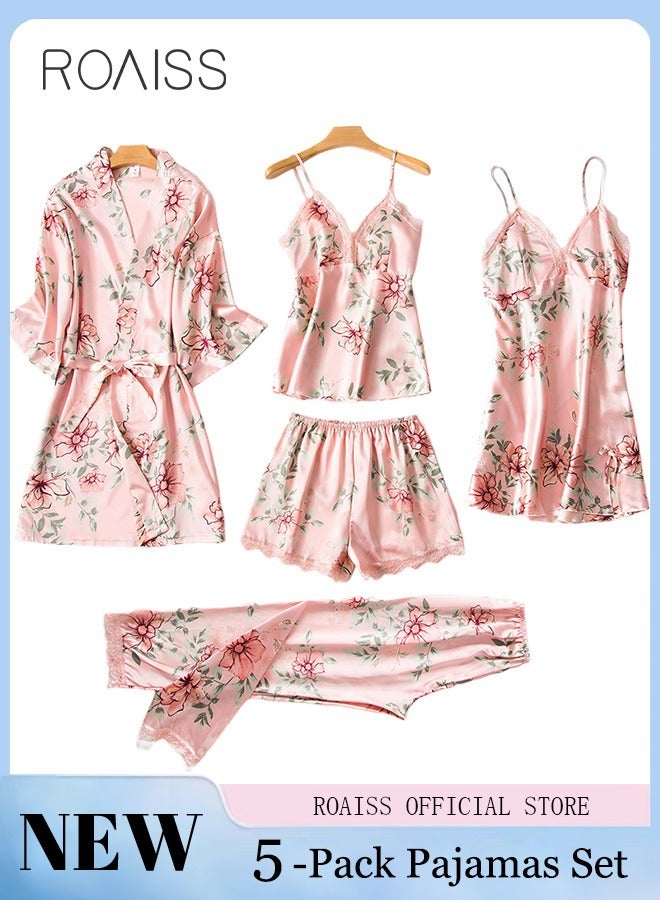 5-Pack Women's Sleepwear Set Sling Lace Nightdress Sweet Pajama Home Wearing Clothes Loungewear Suits Floral Printing Ladies Nightwear Lingerie Robe Underwear Shorts Summer Spring