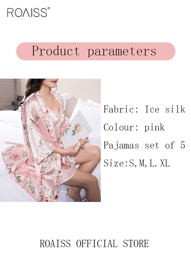 5-Pack Women's Sleepwear Set Sling Lace Nightdress Sweet Pajama Home Wearing Clothes Loungewear Suits Floral Printing Ladies Nightwear Lingerie Robe Underwear Shorts Summer Spring