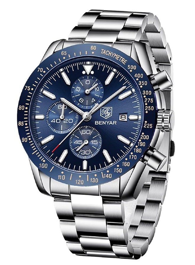 Watches for Men Analog Quartz Chronograph 30M Waterproof Luminous Big Face Men's Watches Business Work Sport Casual Fashion Designer Dress Men's Wrist Watches-Silver Blue