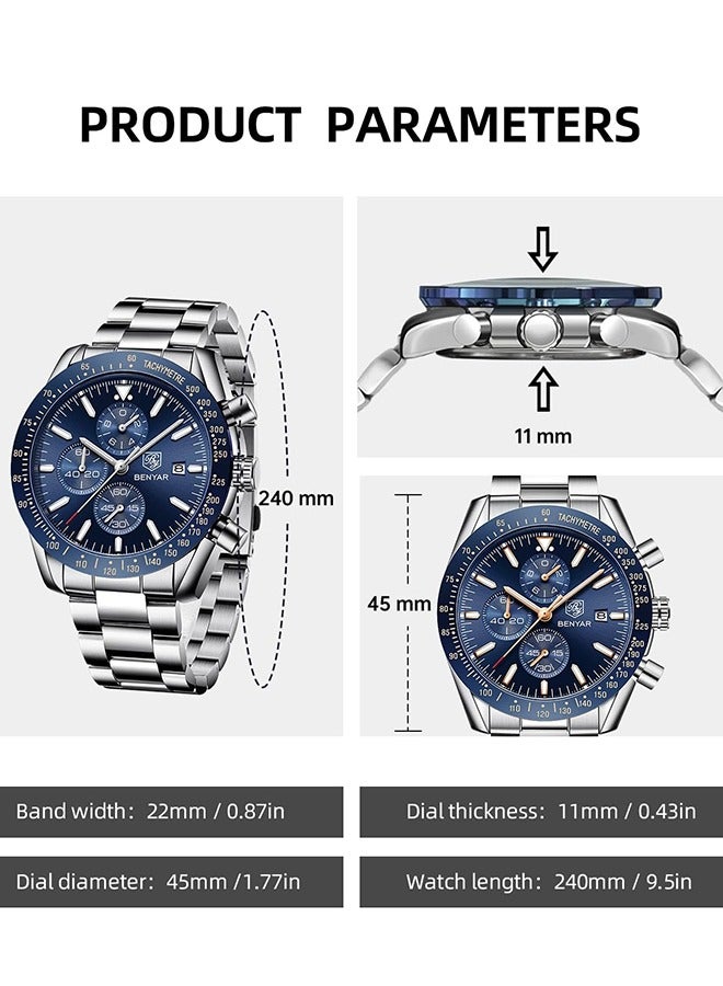 Watches for Men Analog Quartz Chronograph 30M Waterproof Luminous Big Face Men's Watches Business Work Sport Casual Fashion Designer Dress Men's Wrist Watches-Silver Blue