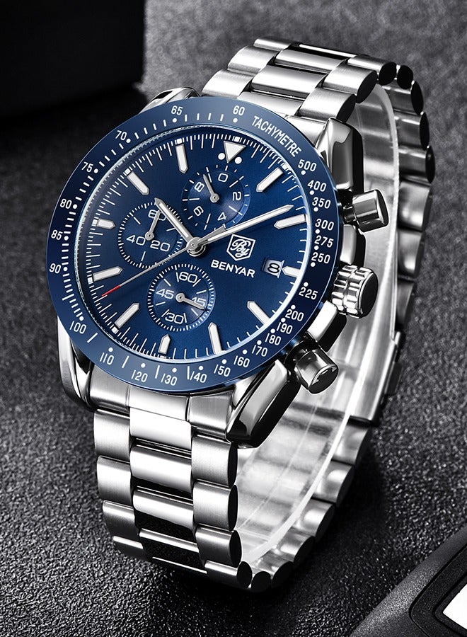 Watches for Men Analog Quartz Chronograph 30M Waterproof Luminous Big Face Men's Watches Business Work Sport Casual Fashion Designer Dress Men's Wrist Watches-Silver Blue