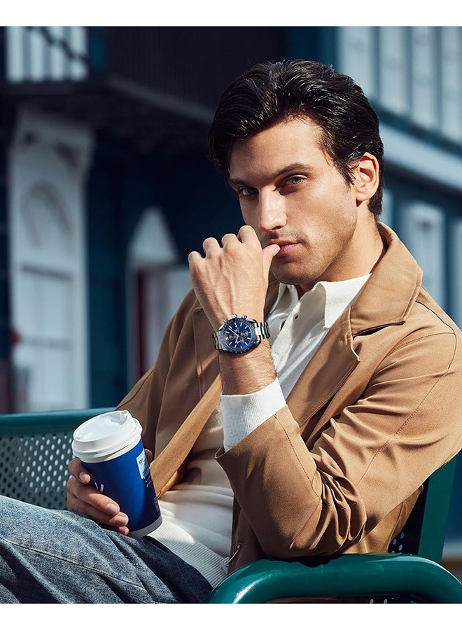 Watches for Men Analog Quartz Chronograph 30M Waterproof Luminous Big Face Men's Watches Business Work Sport Casual Fashion Designer Dress Men's Wrist Watches-Silver Blue