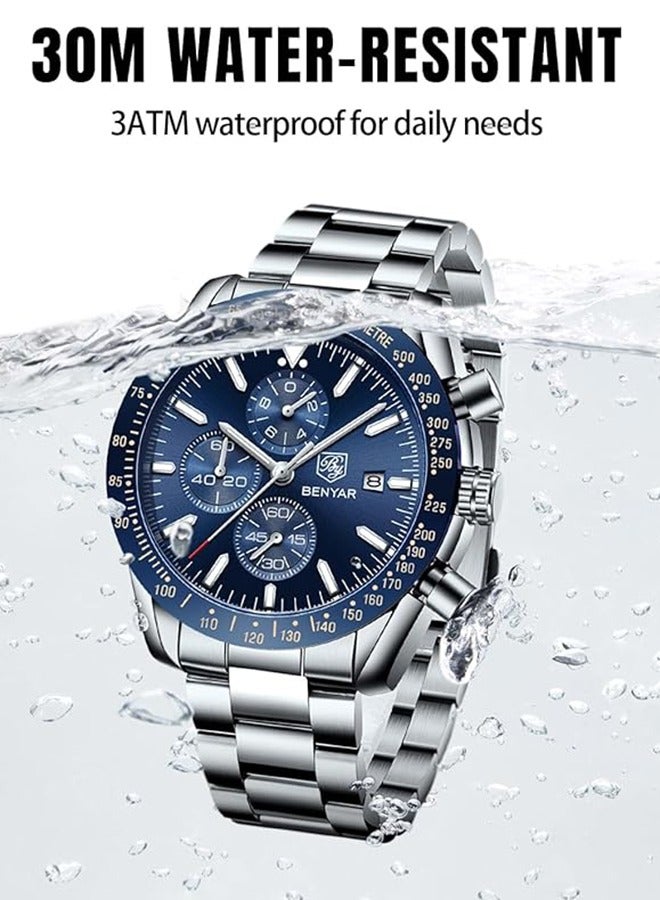 Watches for Men Analog Quartz Chronograph 30M Waterproof Luminous Big Face Men's Watches Business Work Sport Casual Fashion Designer Dress Men's Wrist Watches-Silver Blue