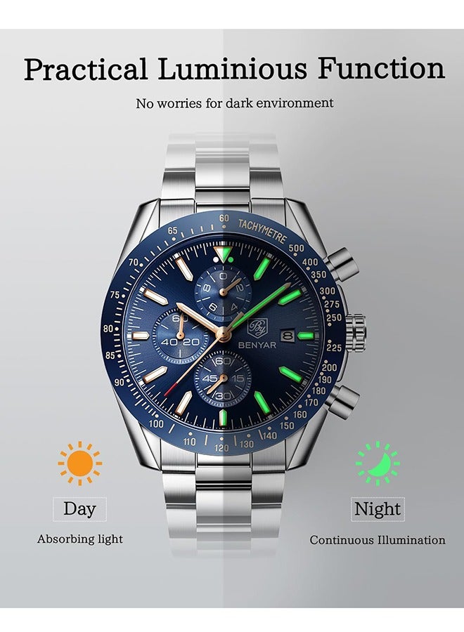Watches for Men Analog Quartz Chronograph 30M Waterproof Luminous Big Face Men's Watches Business Work Sport Casual Fashion Designer Dress Men's Wrist Watches-Silver Blue