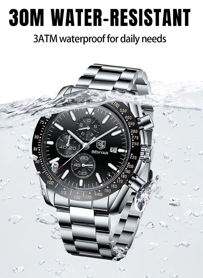 Watches for Men Analog Quartz Chronograph 30M Waterproof Luminous Big Face Men's Watches Business Work Sport Casual Fashion Designer Dress Men's Wrist Watches-Silver Black