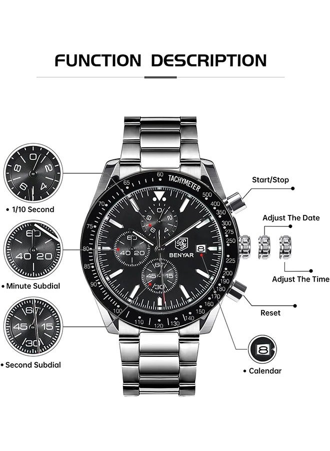 Watches for Men Analog Quartz Chronograph 30M Waterproof Luminous Big Face Men's Watches Business Work Sport Casual Fashion Designer Dress Men's Wrist Watches-Silver Black