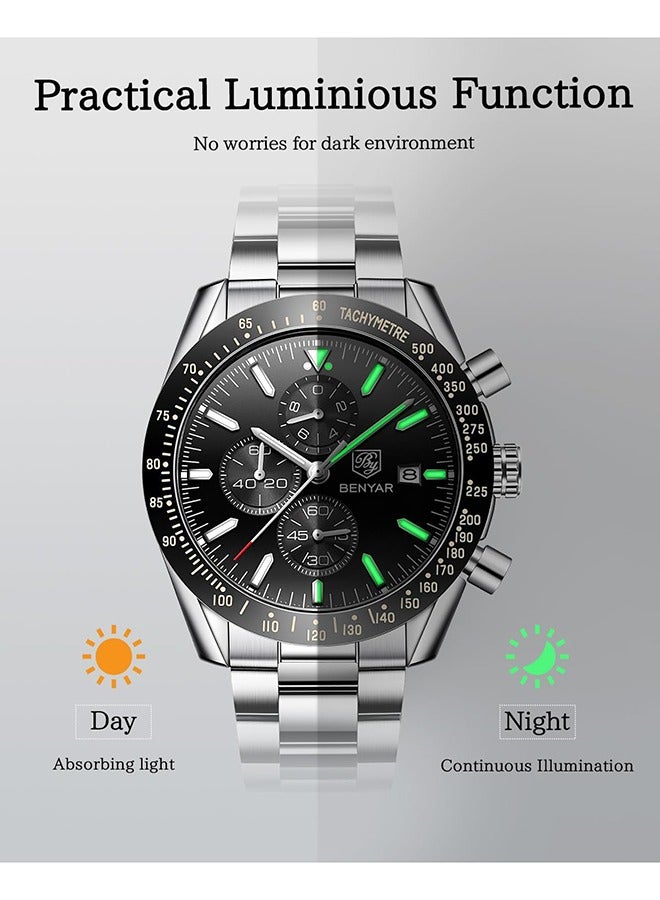 Watches for Men Analog Quartz Chronograph 30M Waterproof Luminous Big Face Men's Watches Business Work Sport Casual Fashion Designer Dress Men's Wrist Watches-Silver Black