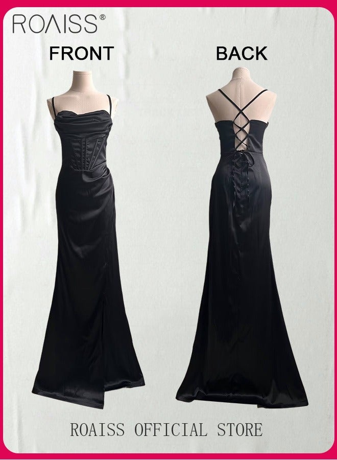 Banquet Party Dress for Women Evening Dresses Side Slit Backless Long-Length Prom Ball Gown Elegant High Waist Slim Dress