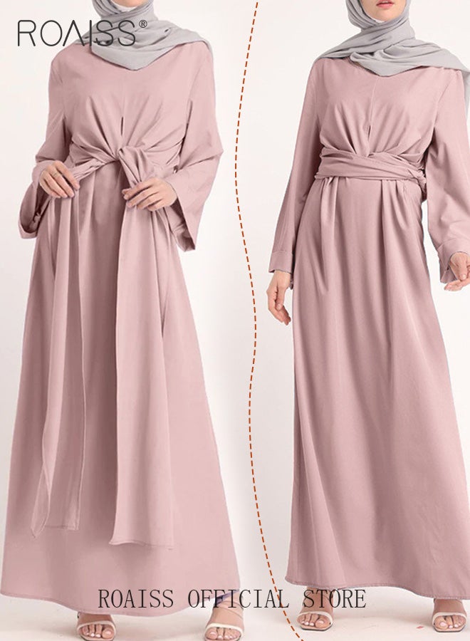 Abaya with Belt for Women Ladies Long Sleeve Dress Classic Style Long Sleeve Tunic Round Neck Casual Elegant Dress for Daily Outfit