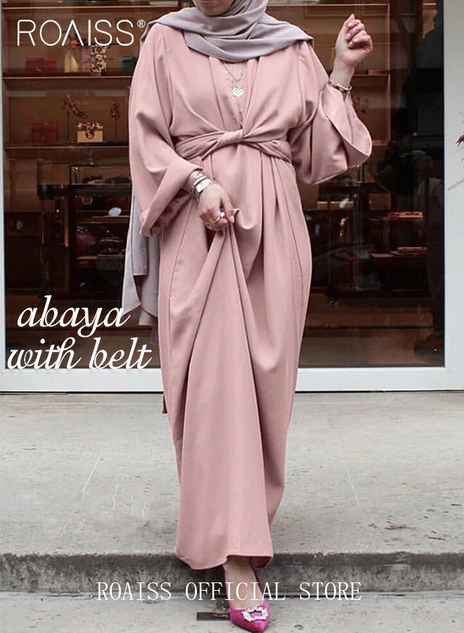 Abaya with Belt for Women Ladies Long Sleeve Dress Classic Style Long Sleeve Tunic Round Neck Casual Elegant Dress for Daily Outfit