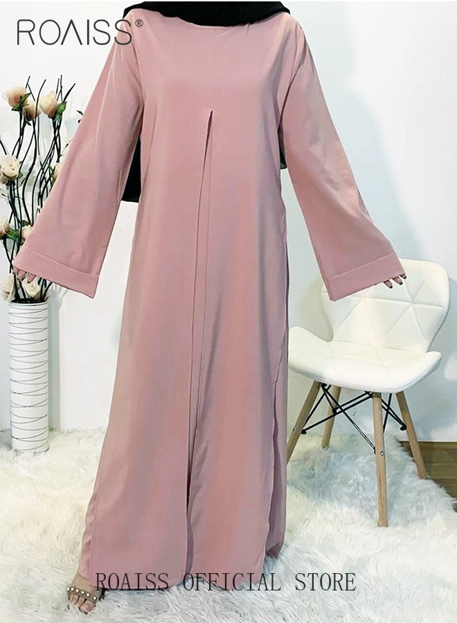 Abaya with Belt for Women Ladies Long Sleeve Dress Classic Style Long Sleeve Tunic Round Neck Casual Elegant Dress for Daily Outfit