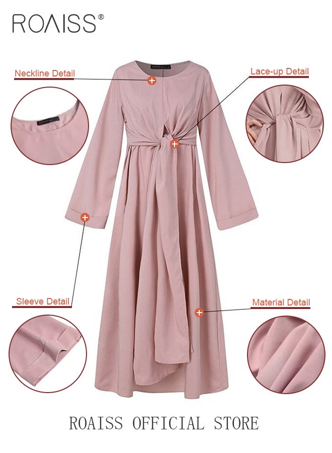 Abaya with Belt for Women Ladies Long Sleeve Dress Classic Style Long Sleeve Tunic Round Neck Casual Elegant Dress for Daily Outfit