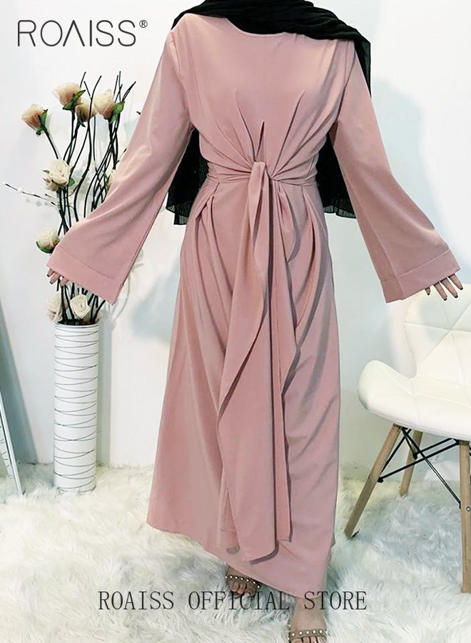 Abaya with Belt for Women Ladies Long Sleeve Dress Classic Style Long Sleeve Tunic Round Neck Casual Elegant Dress for Daily Outfit