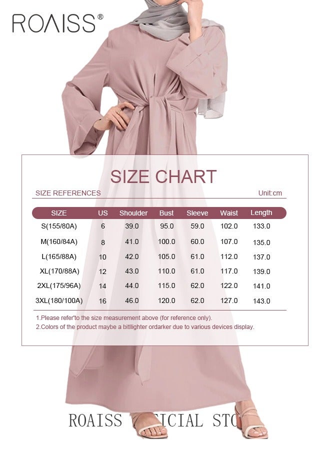 Abaya with Belt for Women Ladies Long Sleeve Dress Classic Style Long Sleeve Tunic Round Neck Casual Elegant Dress for Daily Outfit