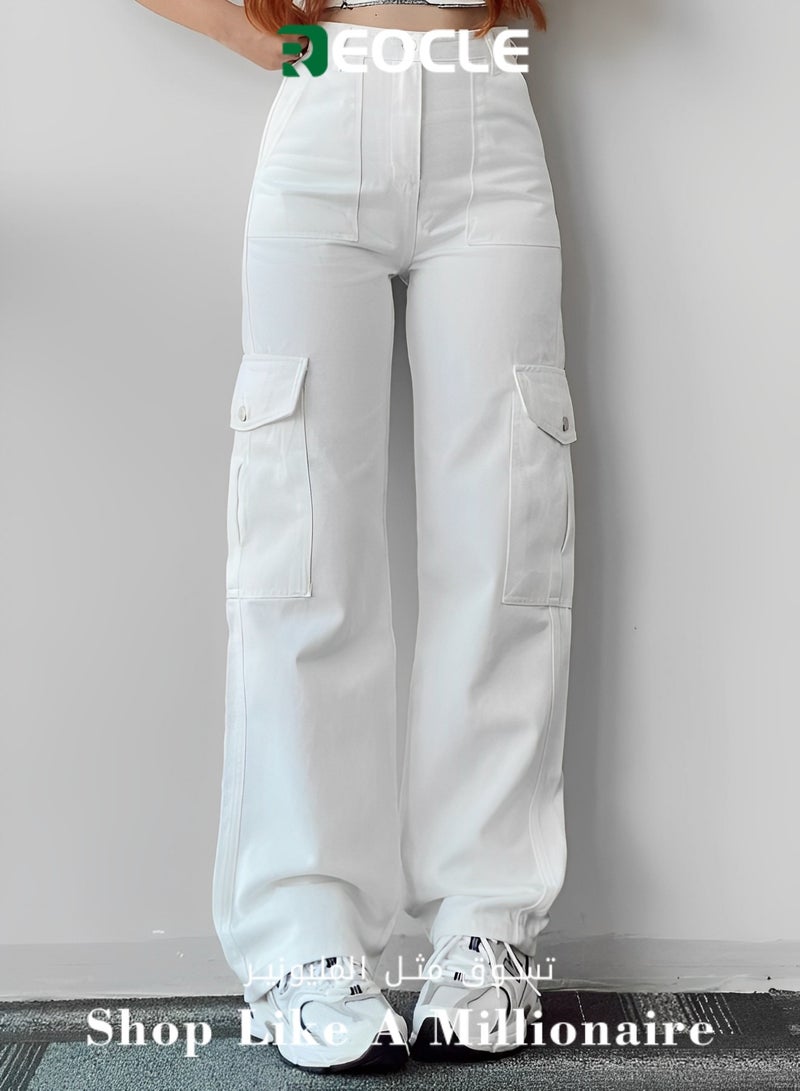 Women's Cargo Pants High Waist Stretch Pant Casual Pants Relaxed Fit Straight Wide Leg Pants with Multi Pockets