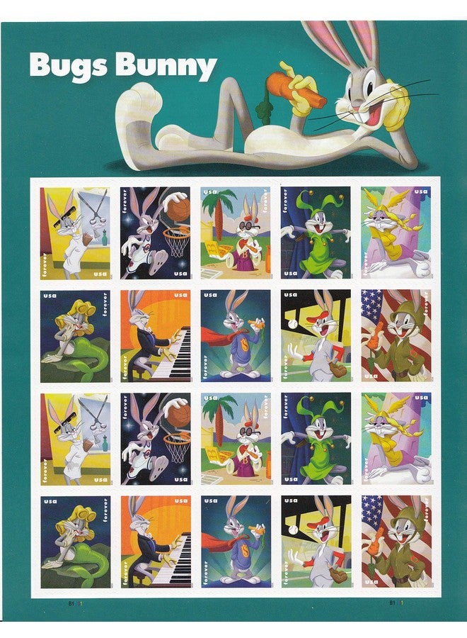 U.S. Forever Postage Stamps Celebrating Bugs Bunny & His Marvelous Masquerades Depicted In 10 Different Classic Costumes Over His 80 Year Career. 1 Pane Of 20 Stamps (1 Stamp Sheet (20 Stamps))