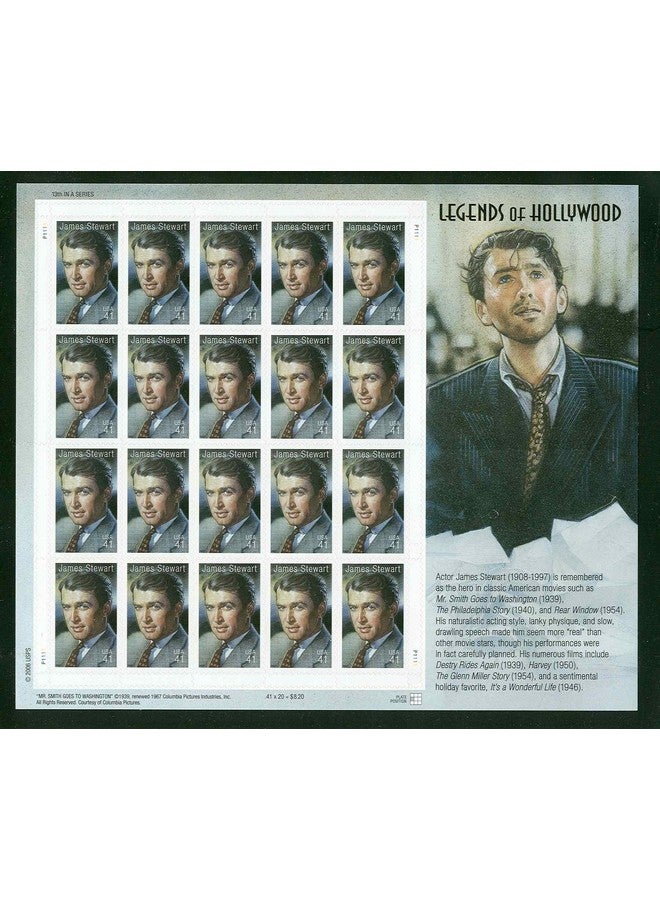 James (Jimmy) Stewart: Legends Of Hollywood Full Sheet Of 20 X 41 Cent Stamps Usa 2007 Scott 4197