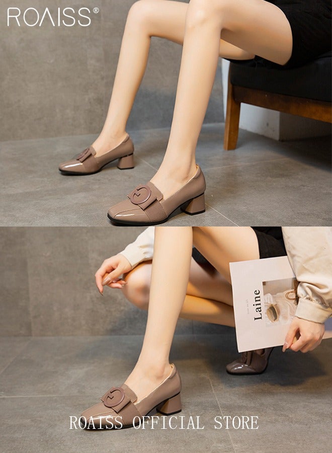 Fashion Office Ladies Shoes Women Pu Leather Pumps Shoes British Style Square Toe Leather Shoes Mid Heel Chunky Heel Women's Shoes