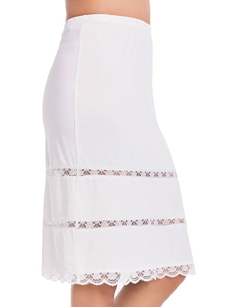 SYOSI Half Slips for Women Underskirt Short Mini Skirt with Floral Lace Trim Milk Silk White Lace Patchwork Lining Skirt (M Size: Waist 25 x Hem 35 Inches, White)