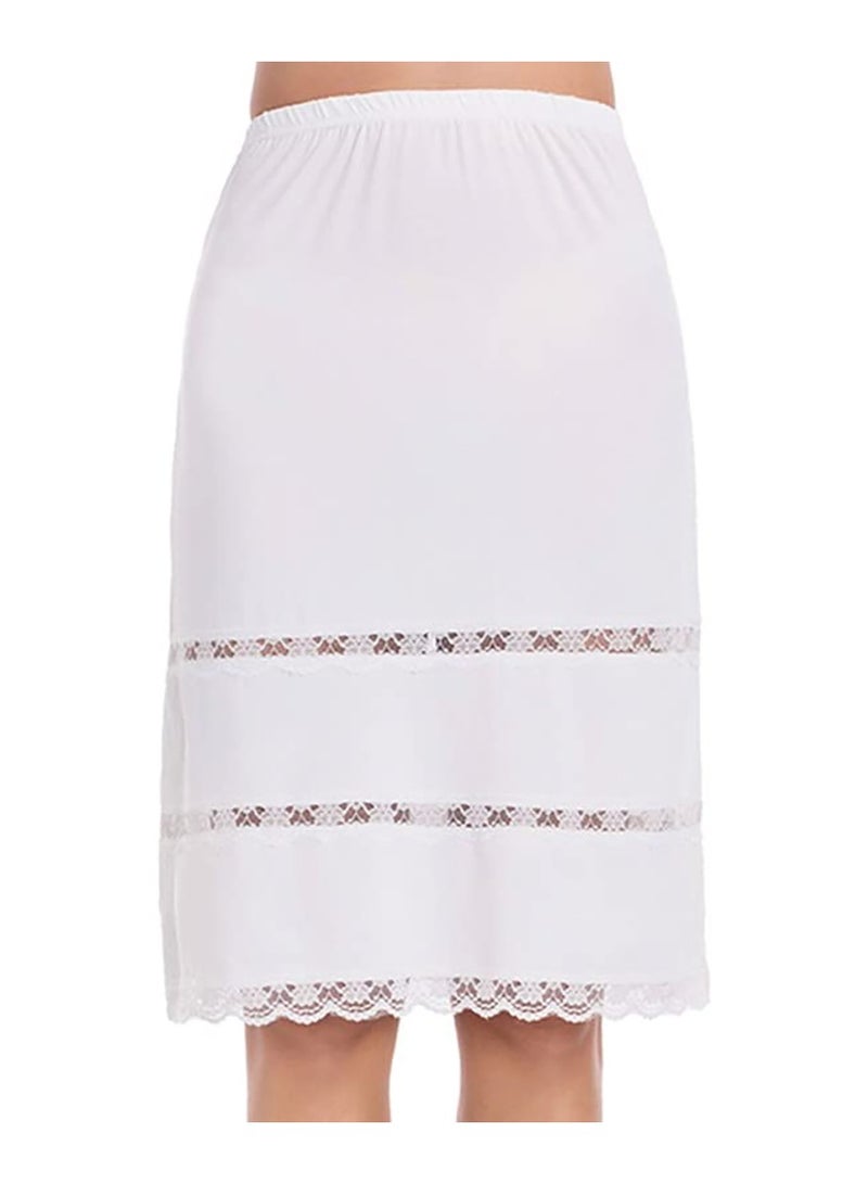 SYOSI Half Slips for Women Underskirt Short Mini Skirt with Floral Lace Trim Milk Silk White Lace Patchwork Lining Skirt (M Size: Waist 25 x Hem 35 Inches, White)