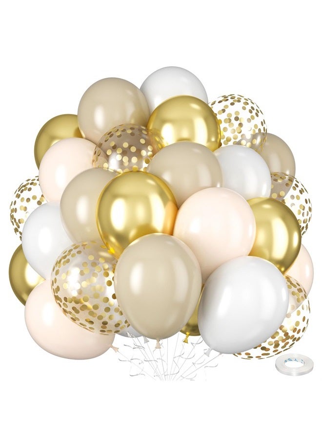 Beige White Gold Balloons, 60Pcs Beige White Sand Metallic Gold Confetti Balloons for Girls, Neutral Cream Ivory Double Stuffed Nude Gold Balloons for Women Birthday Boho Wedding Party Decorations
