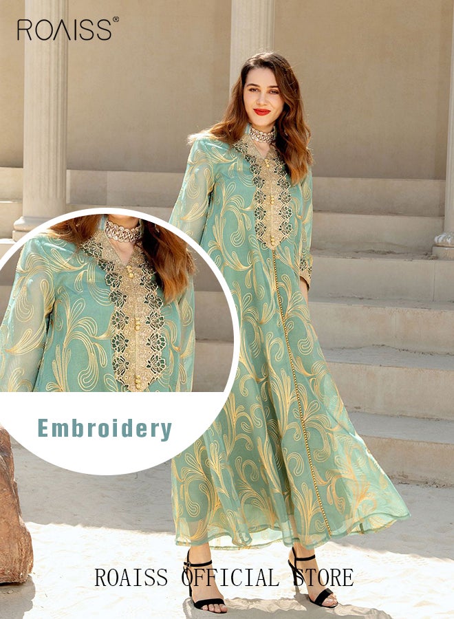 Women Luxury Stand Collar Graphic Printing Robe Maxi Dresses Exclusive Styles Modern Stylish Abaya Middle East Arabic Banquet Wedding Party Dress Women's Festival Clothing