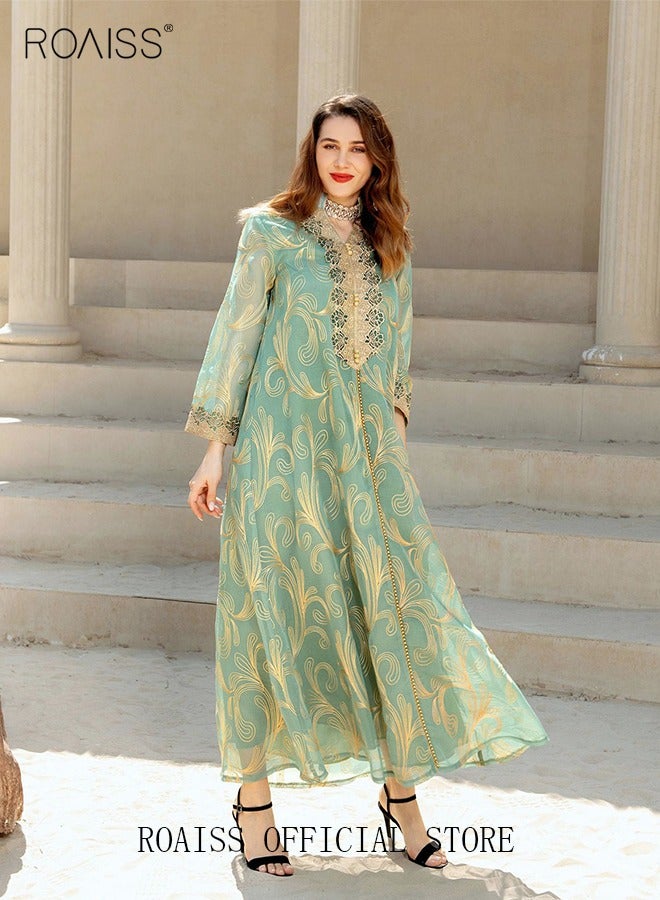 Women Luxury Stand Collar Graphic Printing Robe Maxi Dresses Exclusive Styles Modern Stylish Abaya Middle East Arabic Banquet Wedding Party Dress Women's Festival Clothing